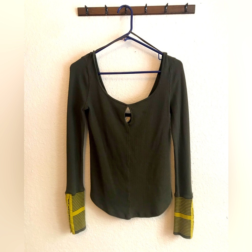 We the Free Forest green Waffle knit square neck top with sleeve detail